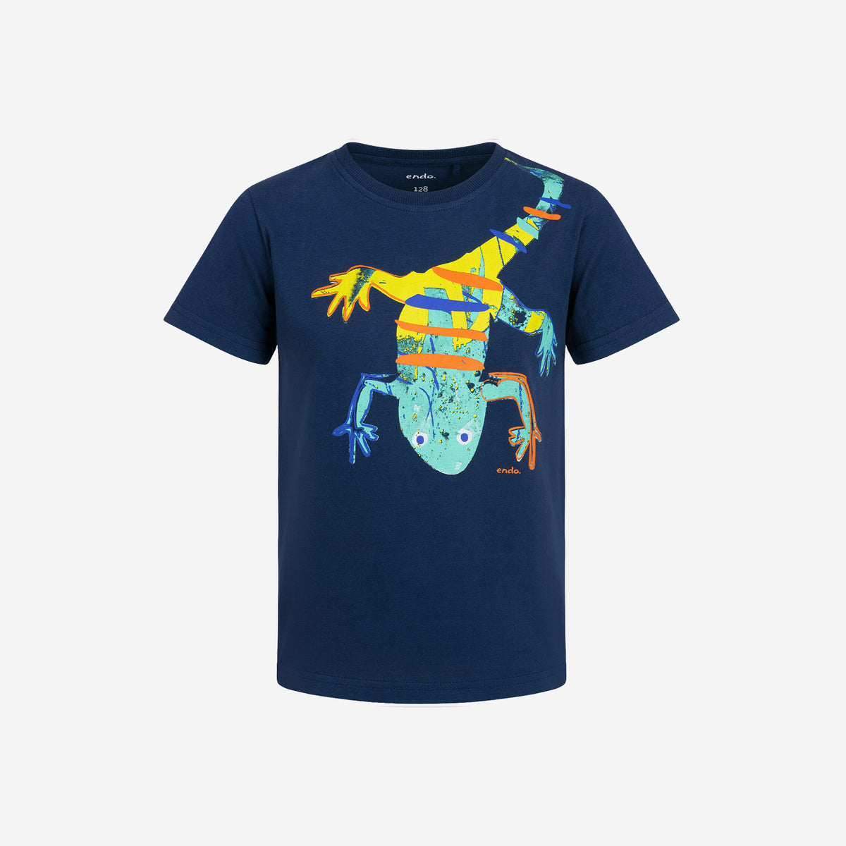 T-shirt z krótkim rękawem dla chłopca, z kolorową jaszczurką, granatowy 3-8 lat