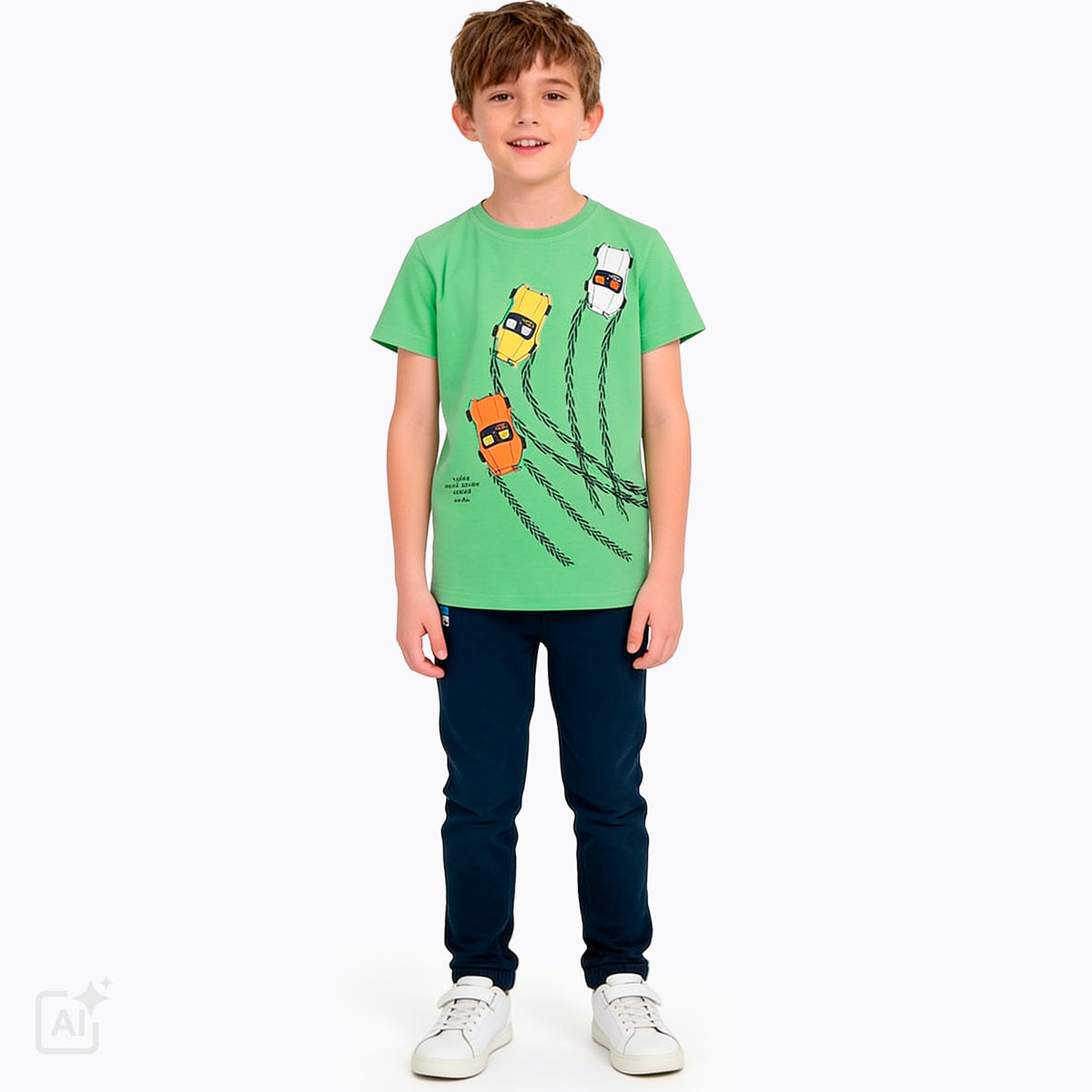 T-shirt z krótkim rękawem dla chłopca 3-8 lat, zielony z motorówkami