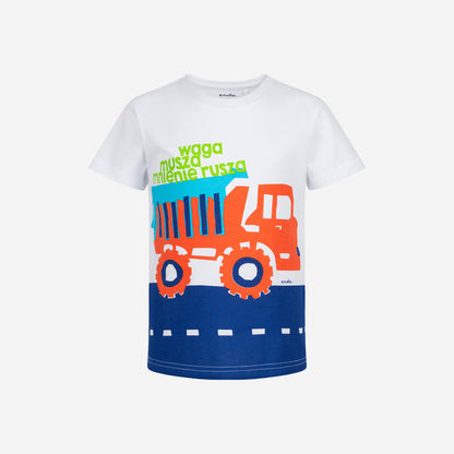 T-shirt z krótkim rękawem dla chłopca, z wywrotką, biały 2-8 lat