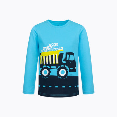 T-shirt z długim rękawem dla chłopca 2-7 lat, niebieski z pojazdem