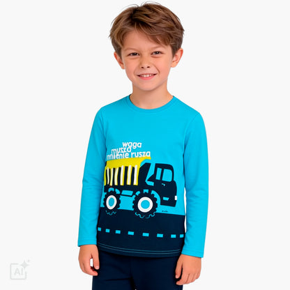 T-shirt z długim rękawem dla chłopca 2-7 lat, niebieski z pojazdem