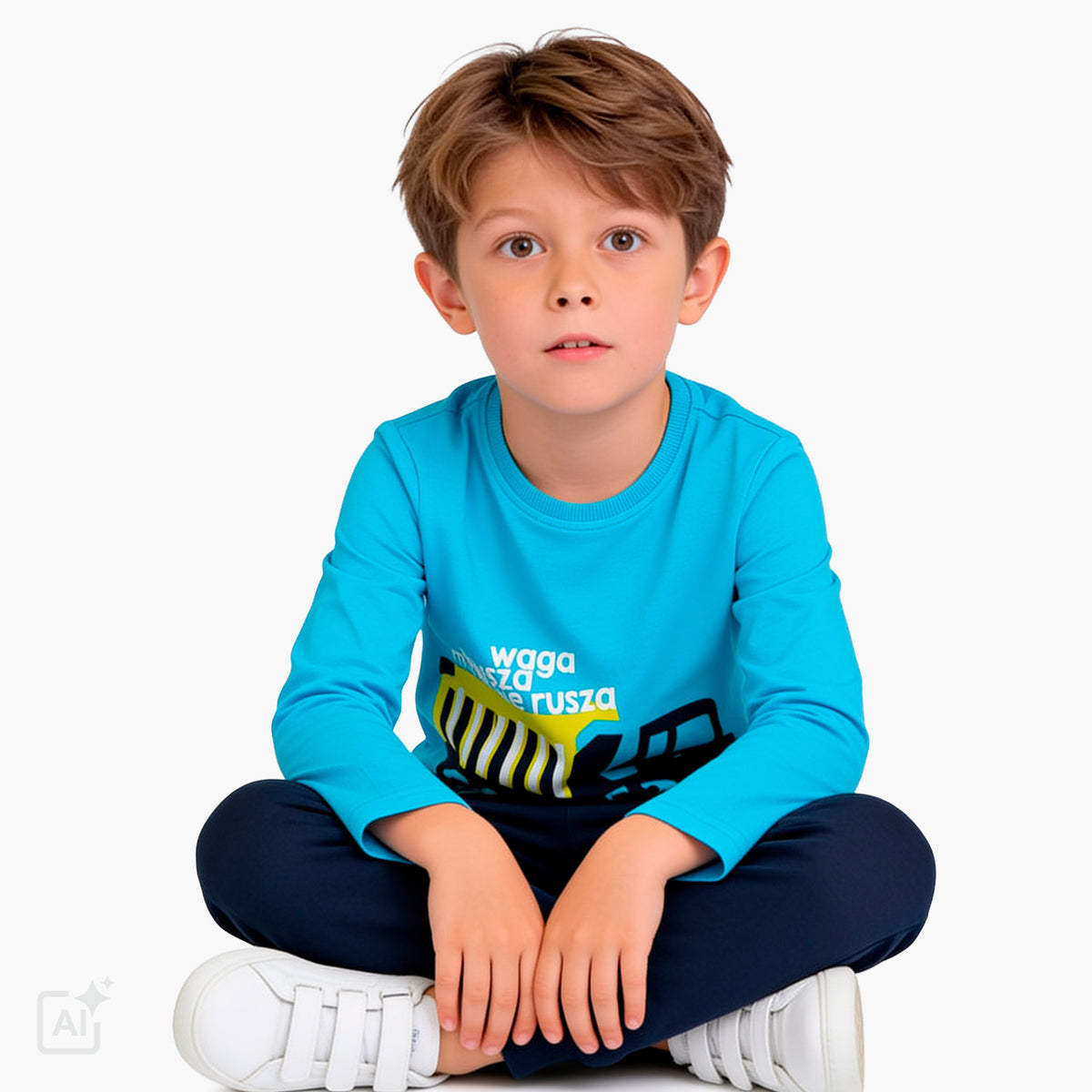 T-shirt z długim rękawem dla chłopca 2-7 lat, niebieski z pojazdem