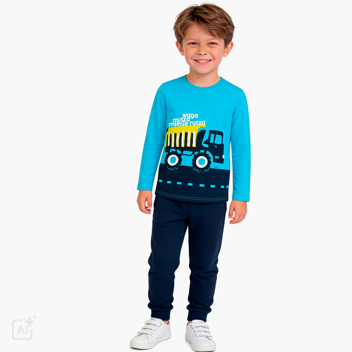 T-shirt z długim rękawem dla chłopca 2-7 lat, niebieski z pojazdem