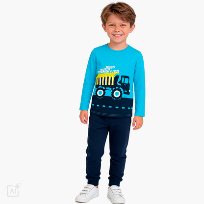 T-shirt z długim rękawem dla chłopca 2-7 lat, niebieski z pojazdem