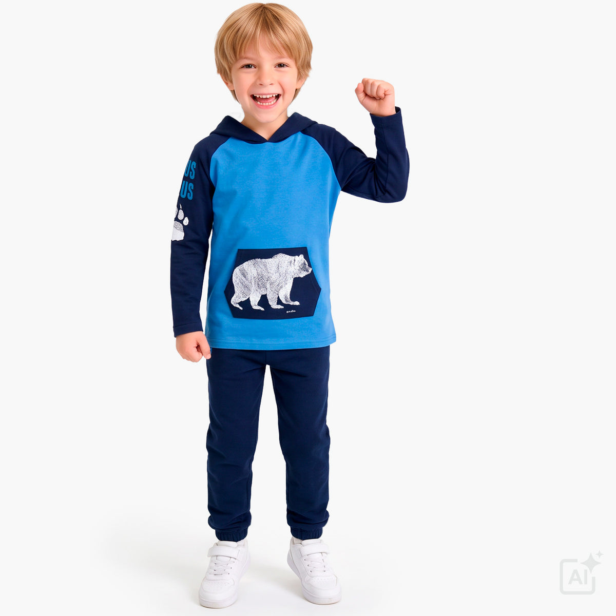 T-shirt z długim rękawem dla chłopca 5-8 lat, niebieski z niedźwiedziem