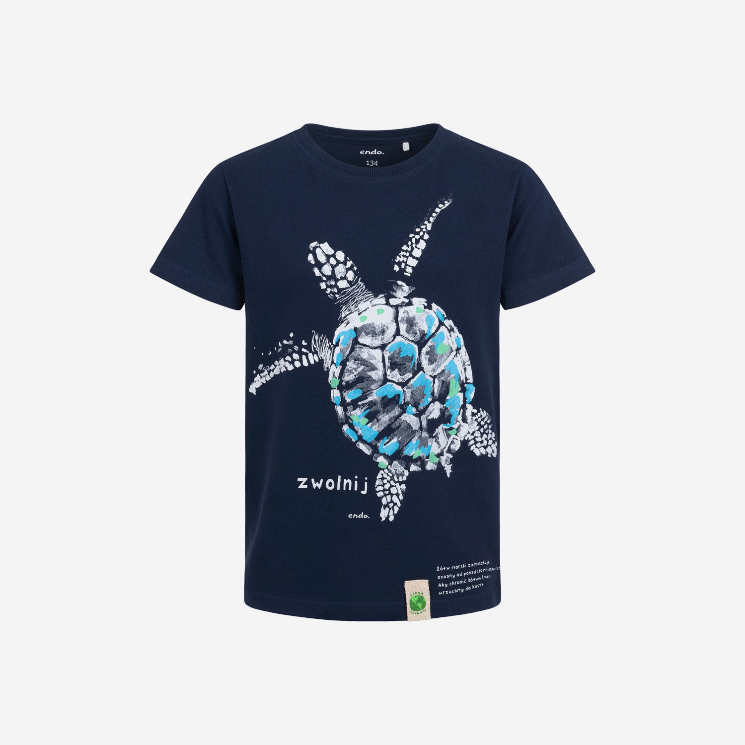 T-shirt z krótkim rękawem dla chłopca, z żółwiem, granatowy 9-13 lat