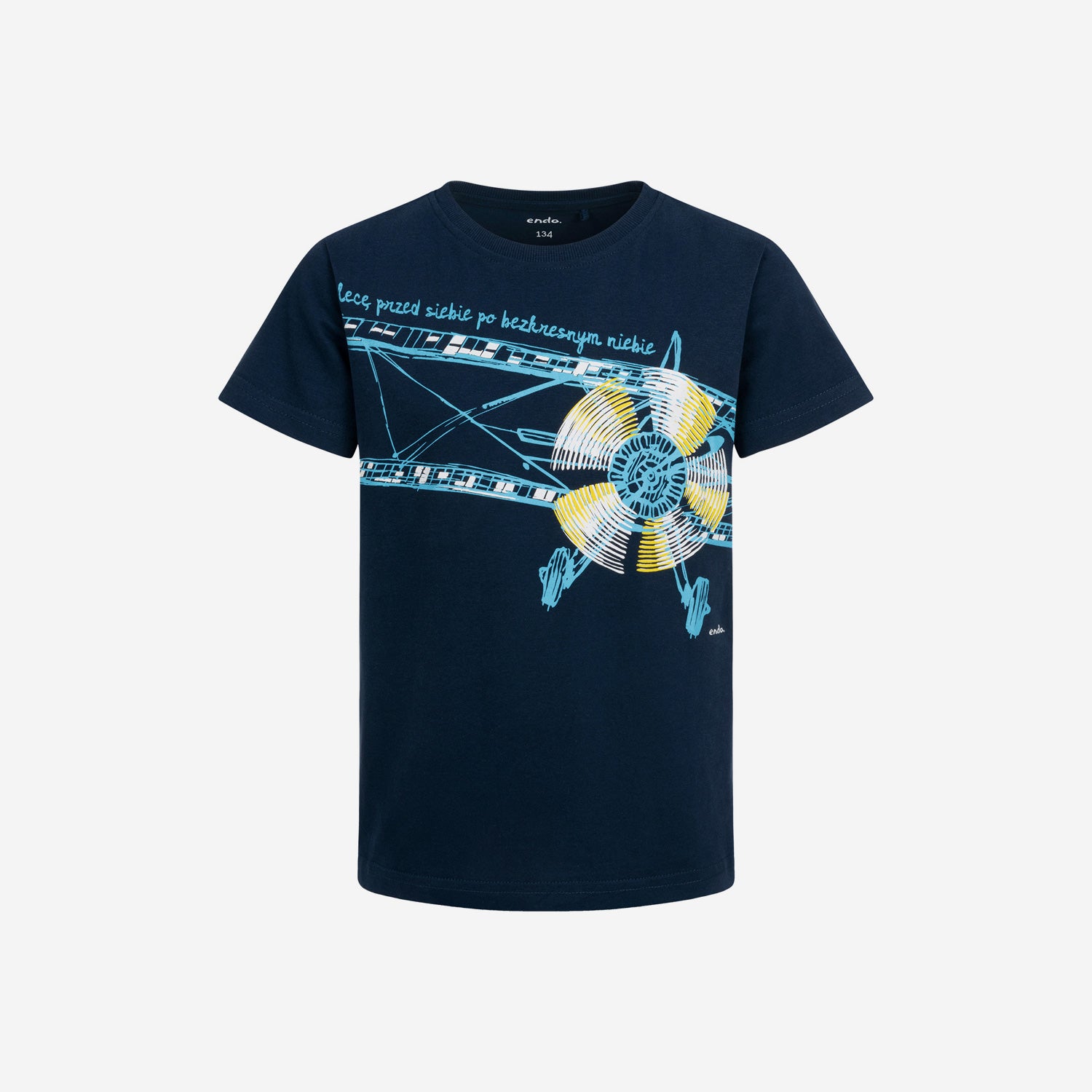 T-shirt z krótkim rękawem dla chłopca, z samolotem, granatowy 9-13 lat