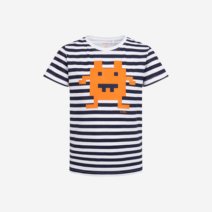 Boy's short-sleeved T-shirt with a computer motif and stripes, ages 9-13