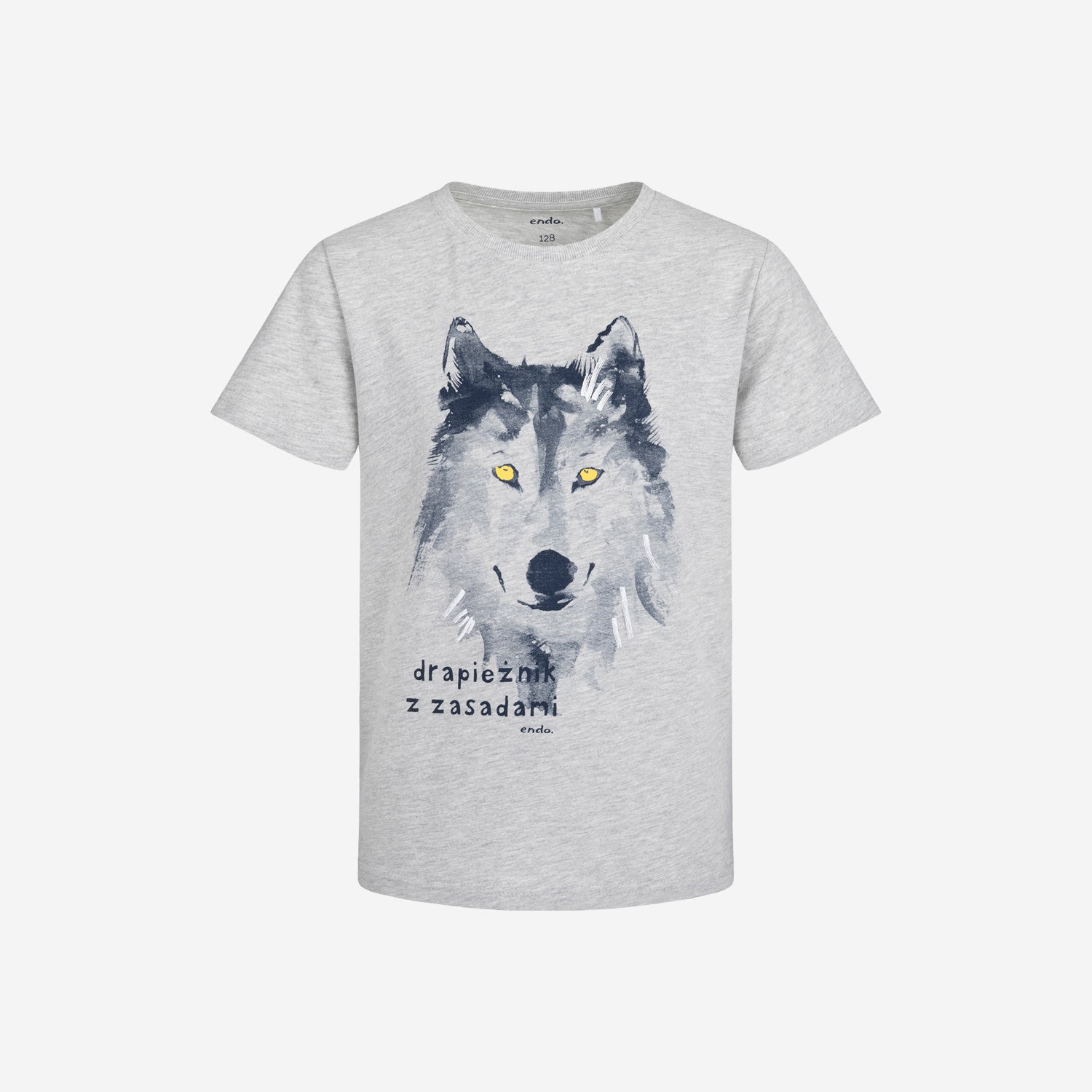 T-shirt z krótkim rękawem dla chłopca, z wilkiem, szary 3-8 lat