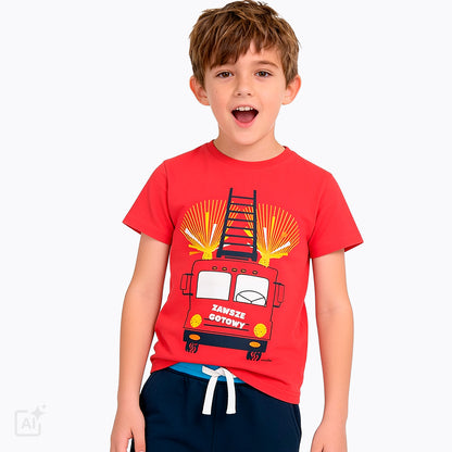 T-shirt z krótkim rękawem dla chłopca, z wozem strażackim 3-8 lat