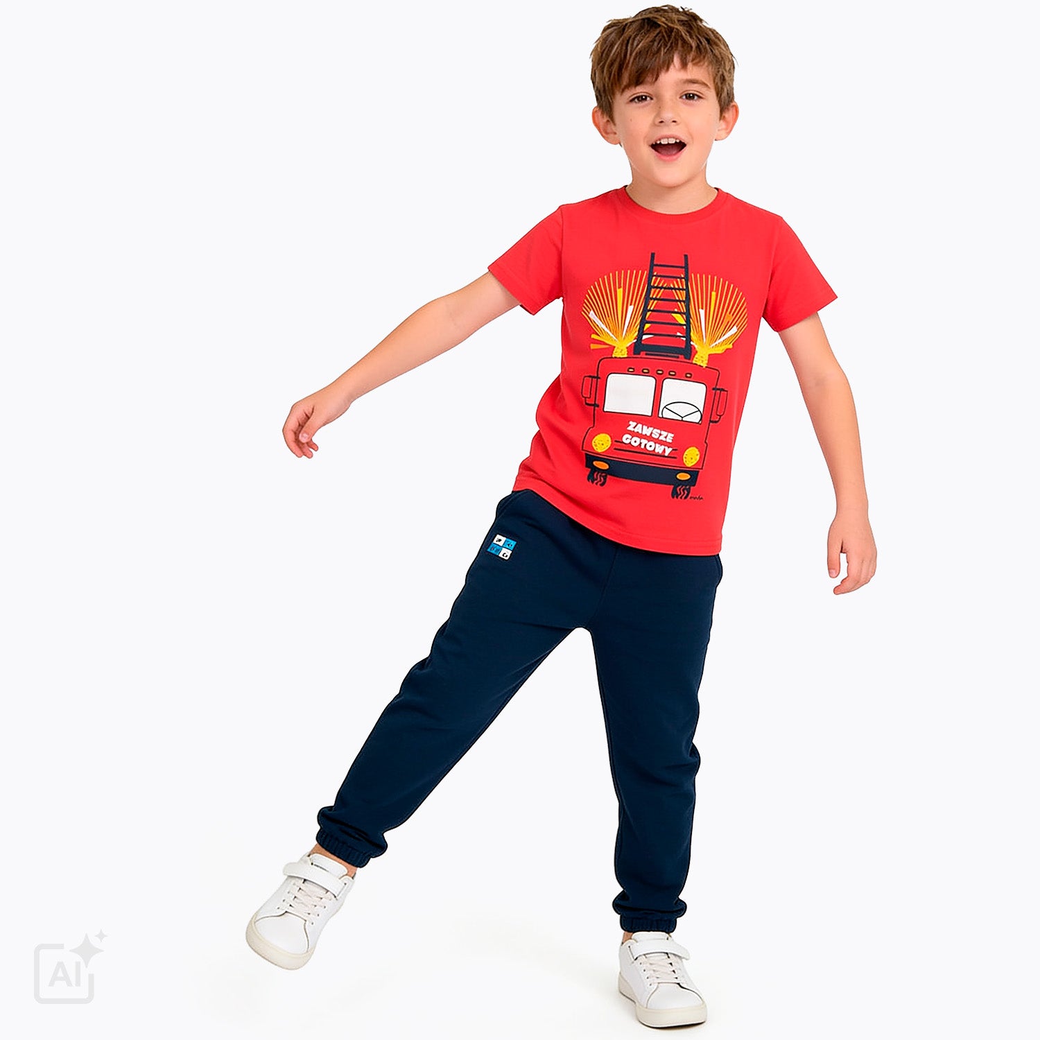 T-shirt z krótkim rękawem dla chłopca, z wozem strażackim 3-8 lat