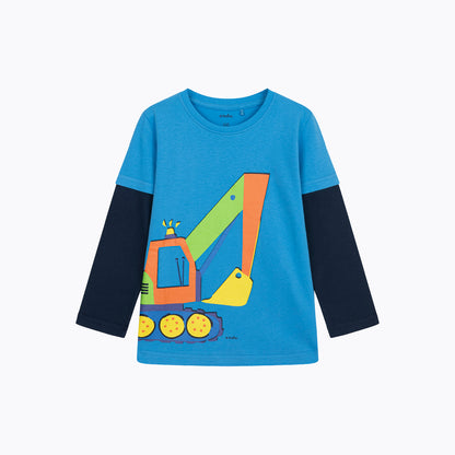 T-shirt z długim rękawem dla chłopca, z koparką, niebieski 3-8 lat