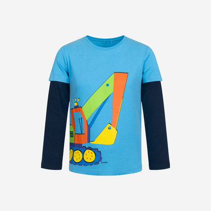T-shirt z długim rękawem dla chłopca, z koparką, niebieski 3-8 lat