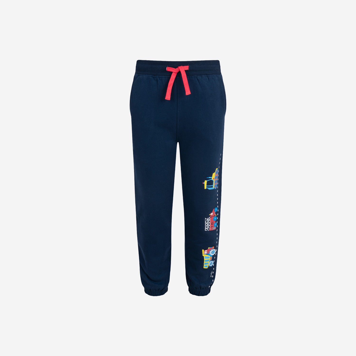Boy's tracksuit bottoms with vehicles, navy blue, 3-8 years old