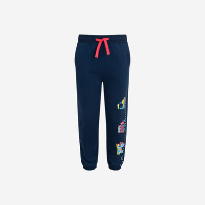 Boy's tracksuit bottoms with vehicles, navy blue, 3-8 years old