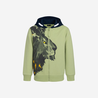 Boy's long-sleeved zip-up hoodie with lion, green, 9-13 years old
