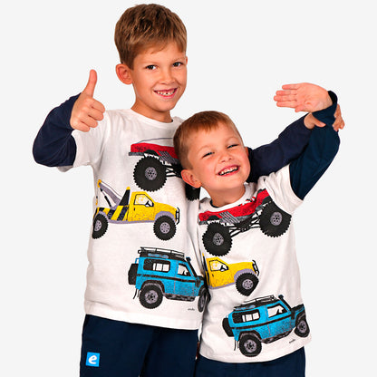 Boy's short-sleeved vehicle T-shirt, white, 9-13 years old
