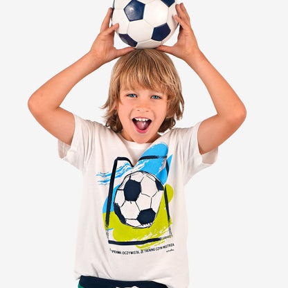 Boy's short-sleeved T-shirt with a football motif, white, 9-13 years old