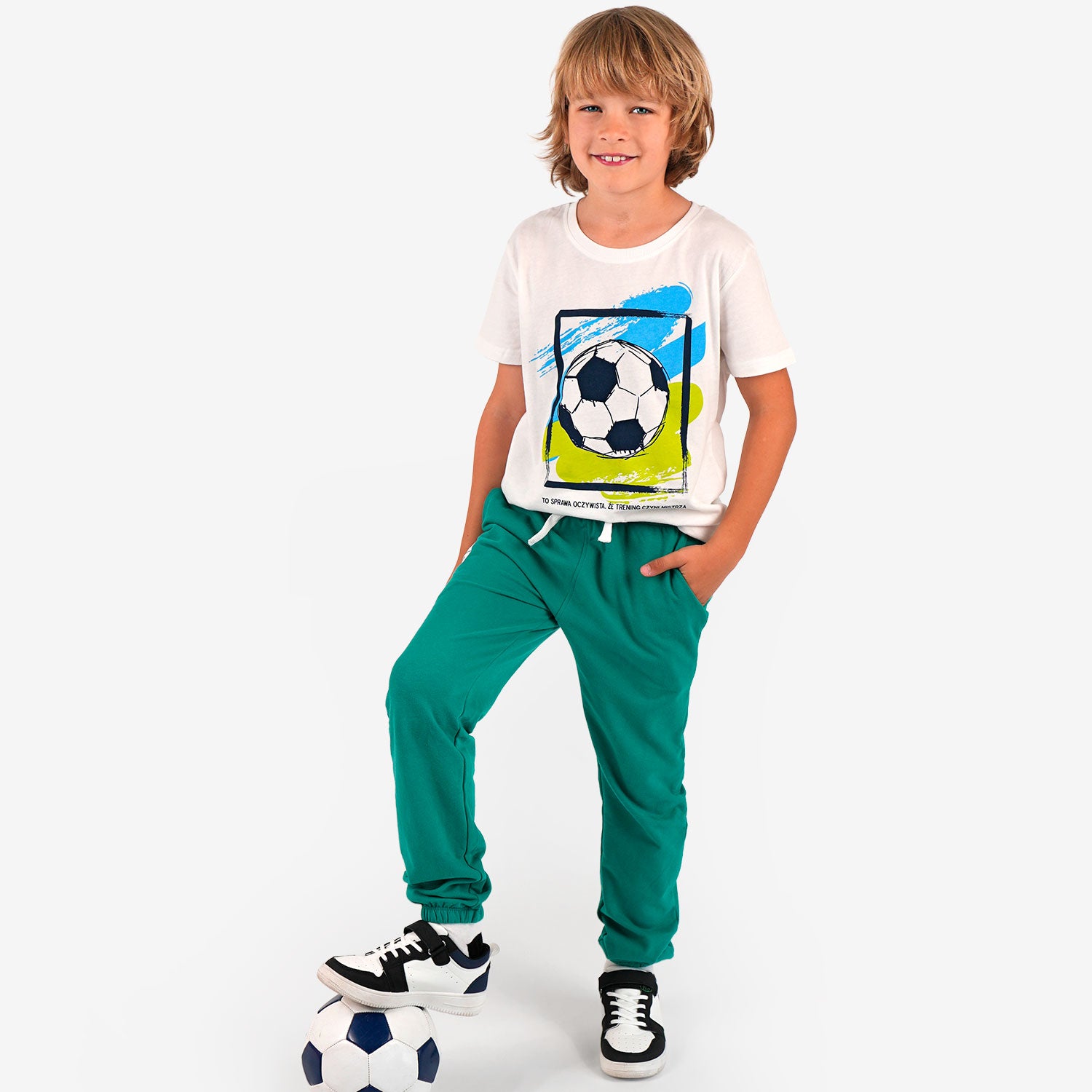T-shirt z krótkim rękawem dla chłopca, z motywem piłkarskim, biały 9-13 lat