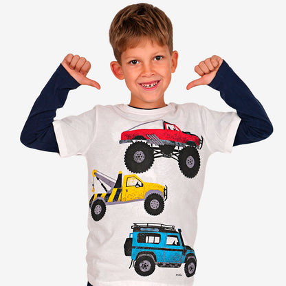Boy's short-sleeved vehicle T-shirt, white, 9-13 years old