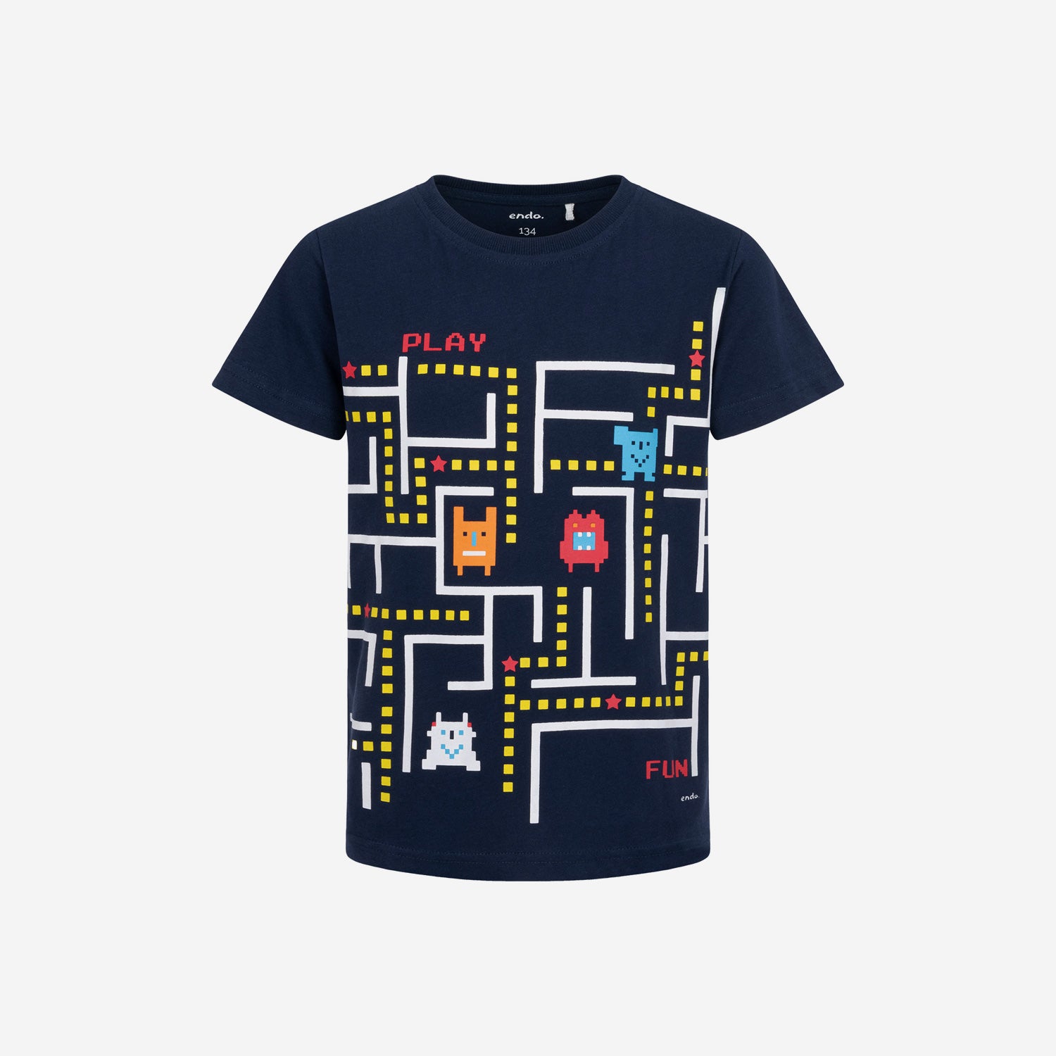 Boy's short-sleeved T-shirt with PACMAN, navy blue, 9-13 years old