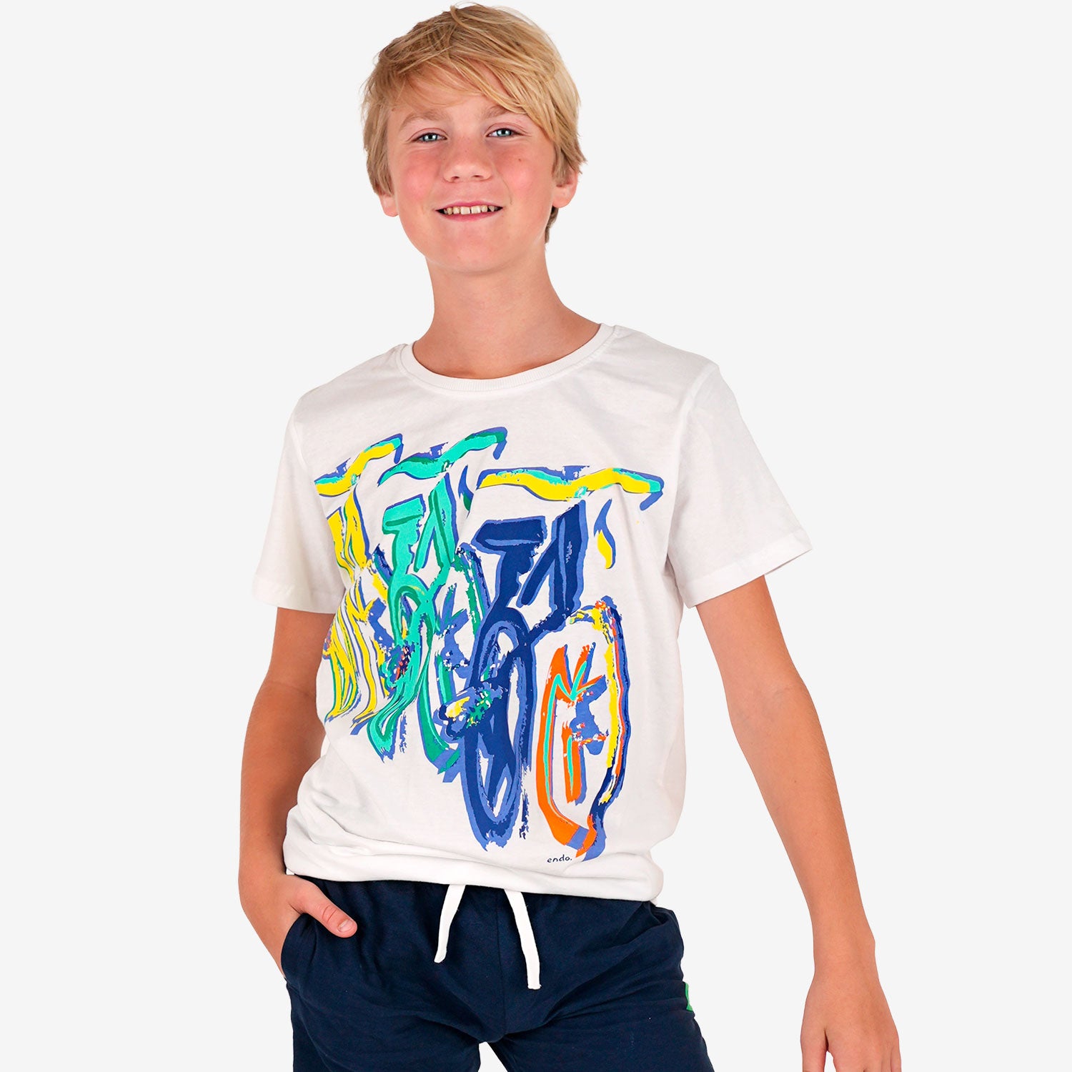 T-shirt z krótkim rękawem dla chłopca, z rowerami, biały 9-13 lat
