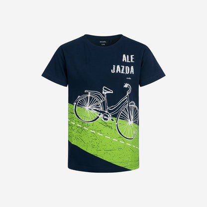 T-shirt z krótkim rękawem dla chłopca, z motywem rowerowym, granatowy 9-13 lat