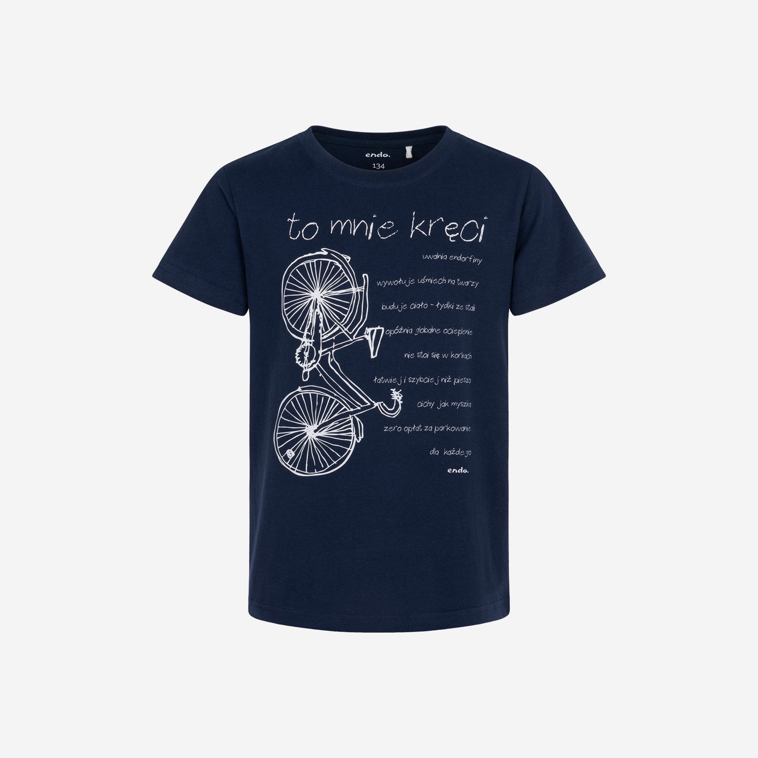 Boy's short-sleeved T-shirt with a bicycle motif, navy blue, 9-13 years old