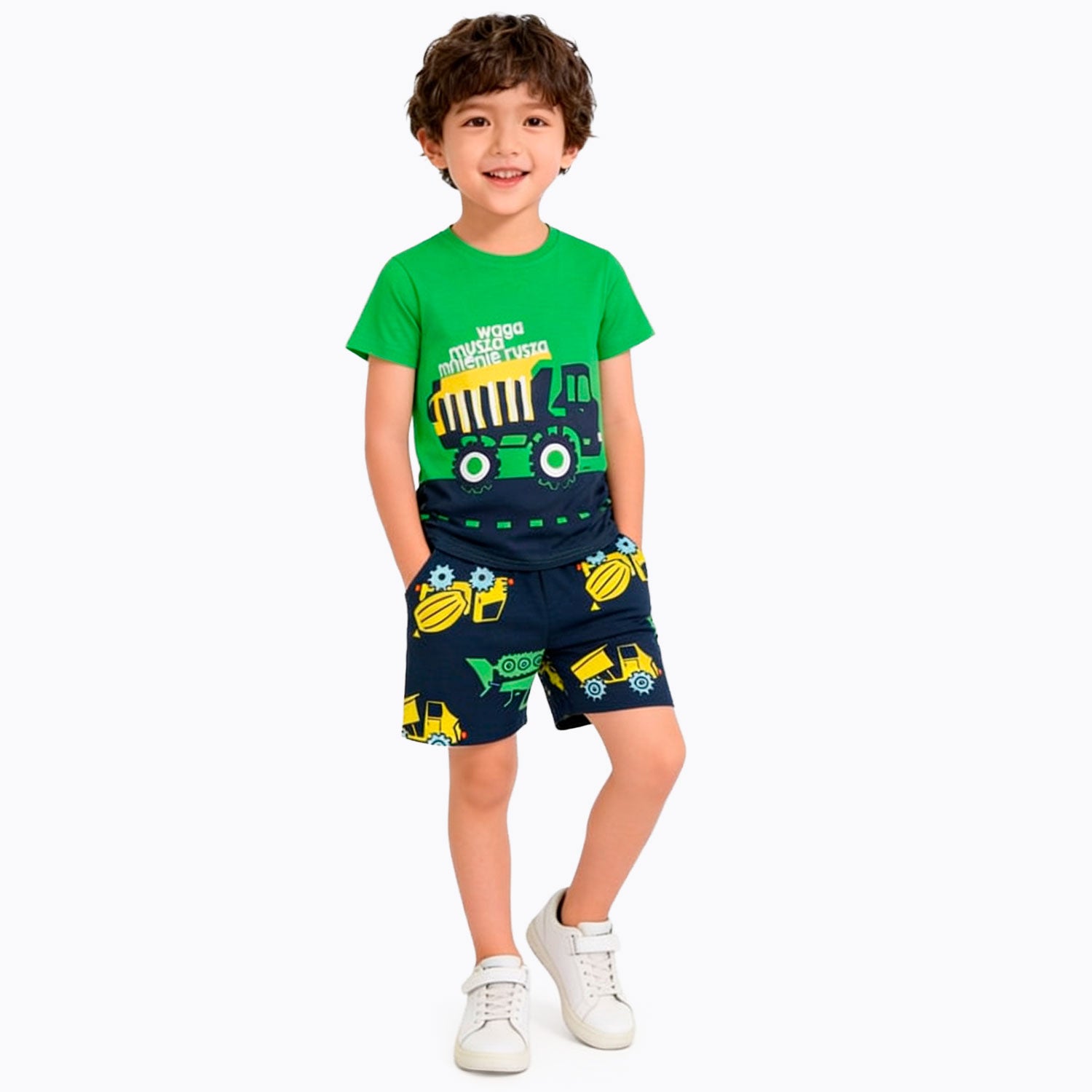 Boy's shorts with vehicles, navy blue, 3-8 years old