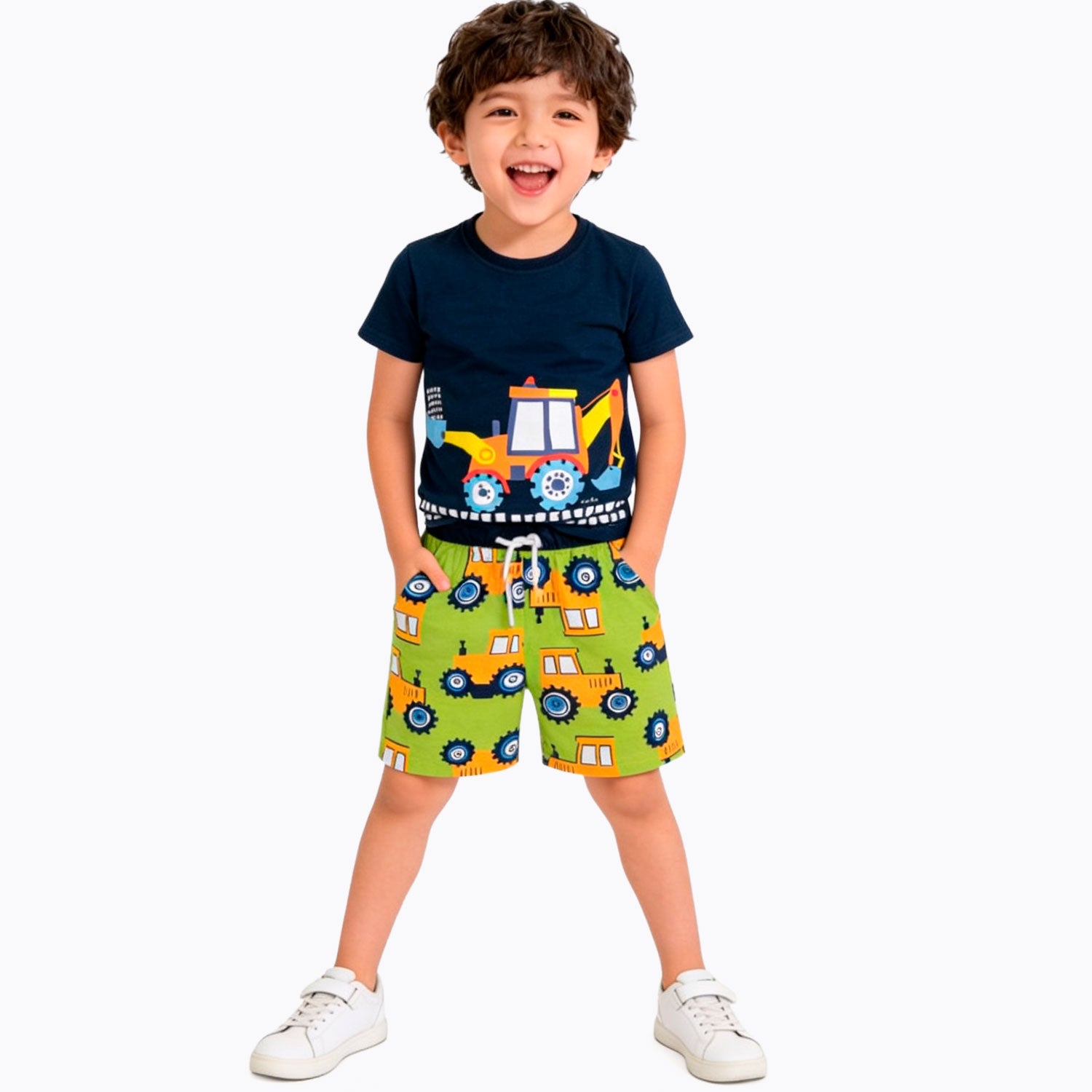 Boy's shorts with vehicles, green, 3-8 years old