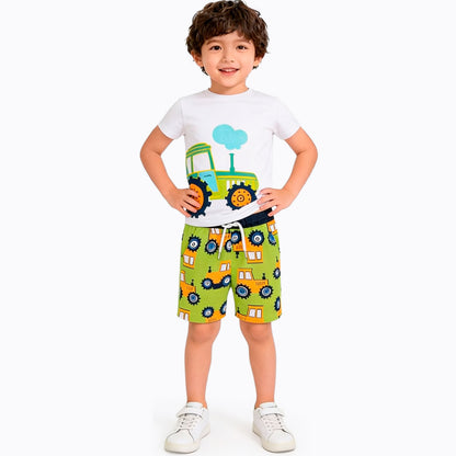 Boy's shorts with vehicles, green, 3-8 years old