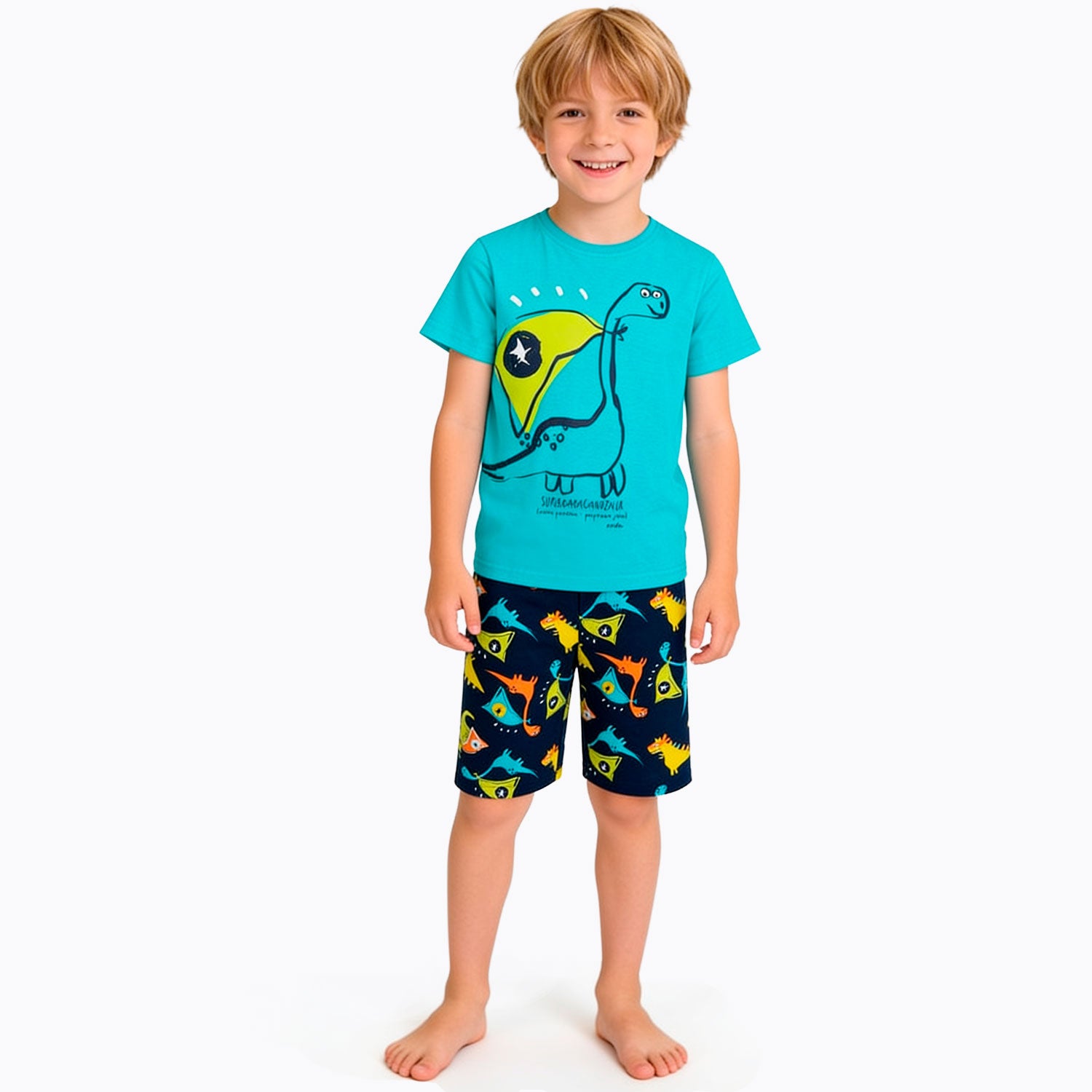 Boy's short-sleeved dinosaur pajama, green, 3-8 years old