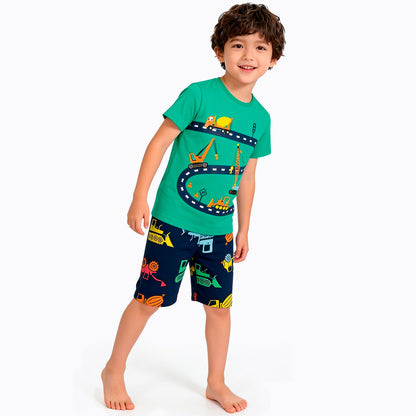 Boy's short-sleeved pajama with vehicles, green, 3-8 years old