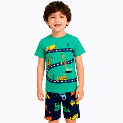 Boy's short-sleeved pajama with vehicles, green, 3-8 years old