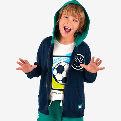 Boy's zip-up hoodie with a bicycle motif, navy blue, 9-13 years old