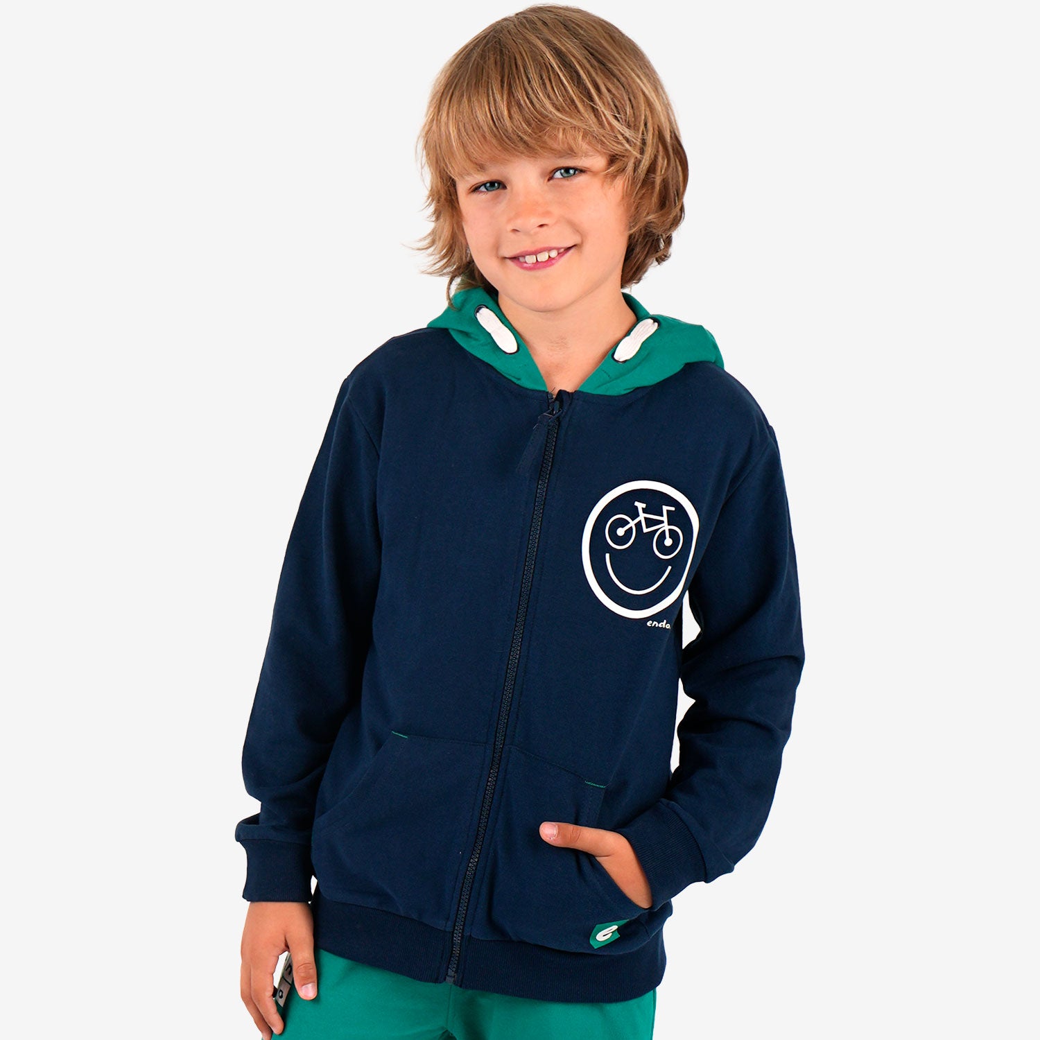 Boy's zip-up hoodie with a bicycle motif, navy blue, 9-13 years old