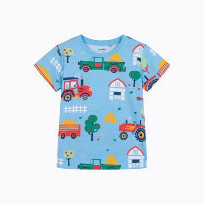 T-shirt z krótkim rękawem dla chłopca, z traktorami, niebieski 2-8 lat