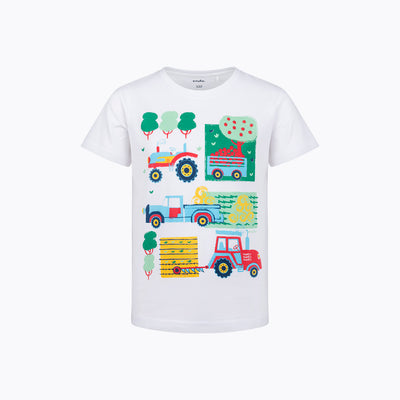 T-shirt z krótkim rękawem dla chłopca, z pojazdami, biały 3-7 lat