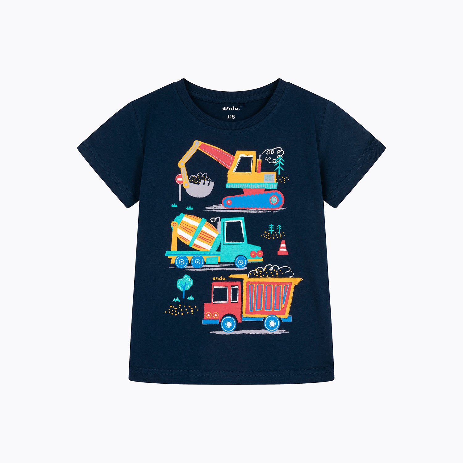 T-shirt z krótkim rękawem dla chłopca, z pojazdami budowlanymi, granatowy 2-8 lat