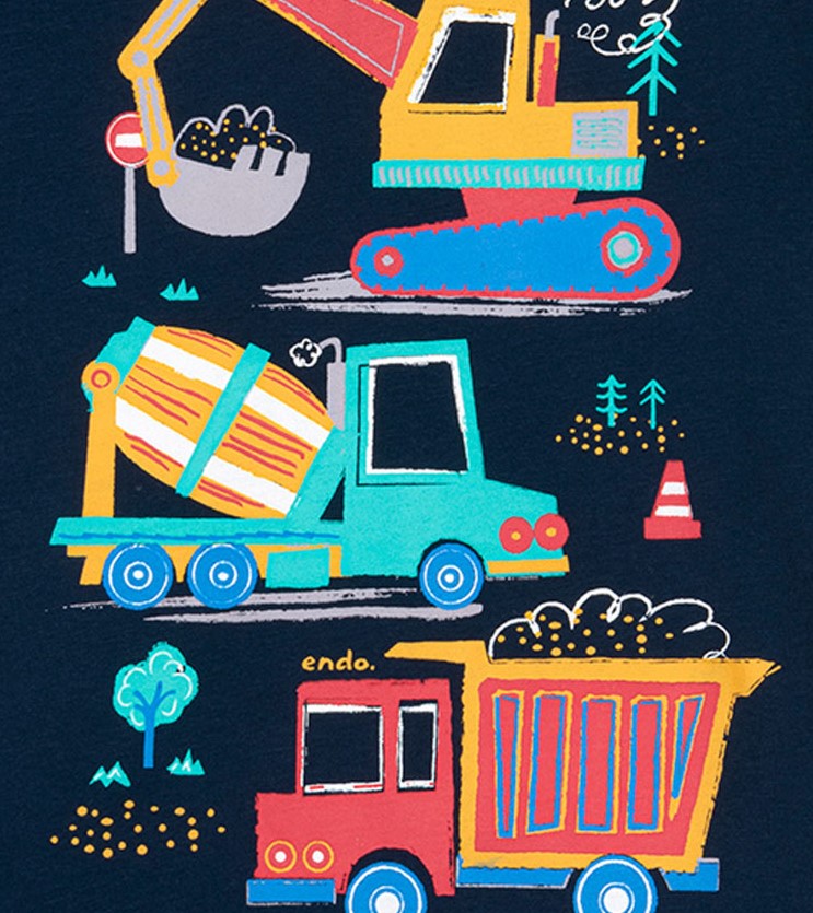 T-shirt z krótkim rękawem dla chłopca, z pojazdami budowlanymi, granatowy 2-8 lat