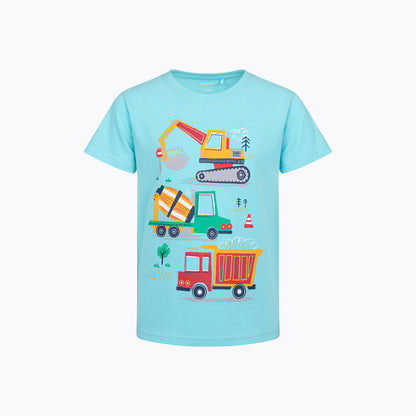 T-shirt z krótkim rękawem, z pojazdami budowlanymi, niebieski 2-8 lat
