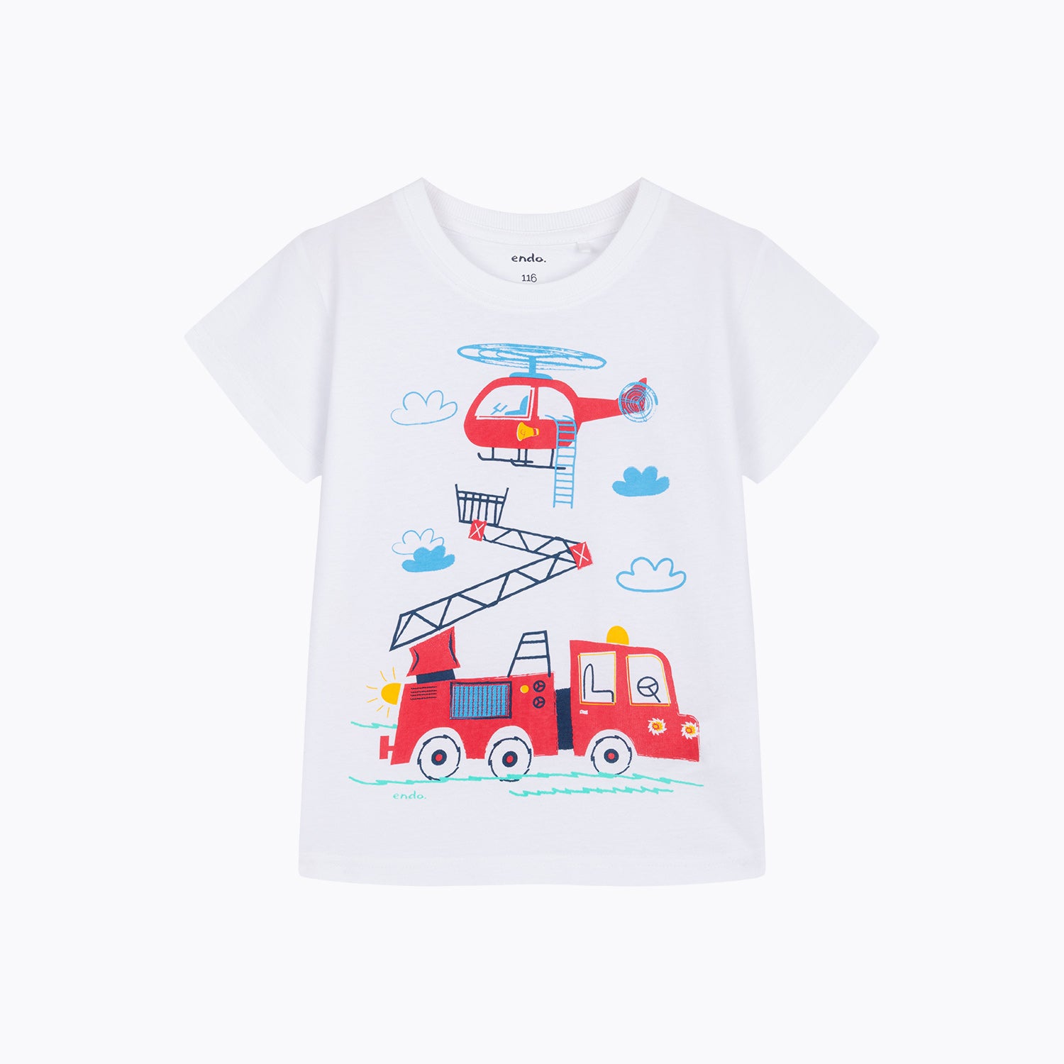 T-shirt z krótkim rękawem dla chłopca, z wozem strażackim, biały 3-6 lat