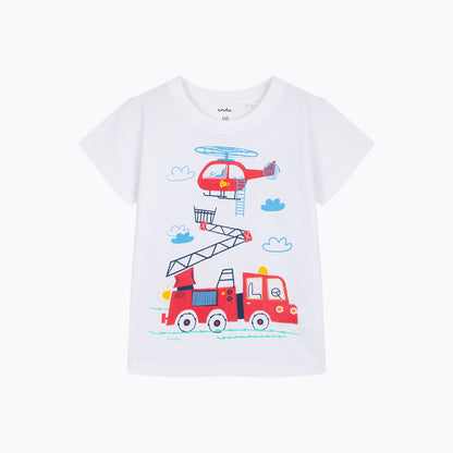 T-shirt z krótkim rękawem dla chłopca, z wozem strażackim, biały 3-6 lat