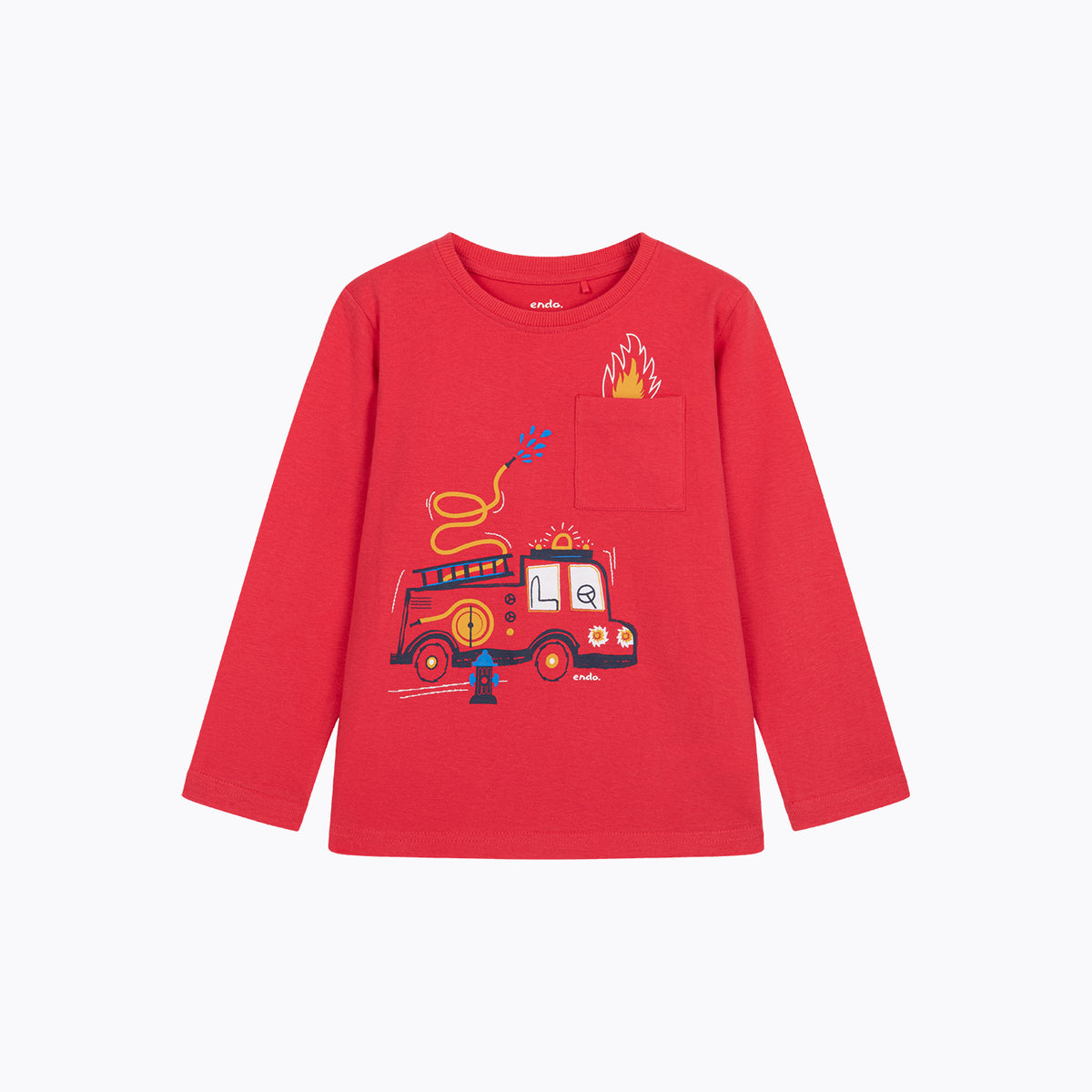 T-shirt z długim rękawem dla chłopca 2-6 lat, czerwony z wozem strażackim