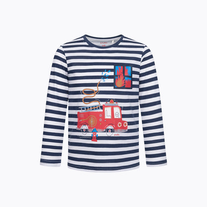 T-shirt z długim rękawem dla chłopca 2-6 lat, biały z wozem strażackim