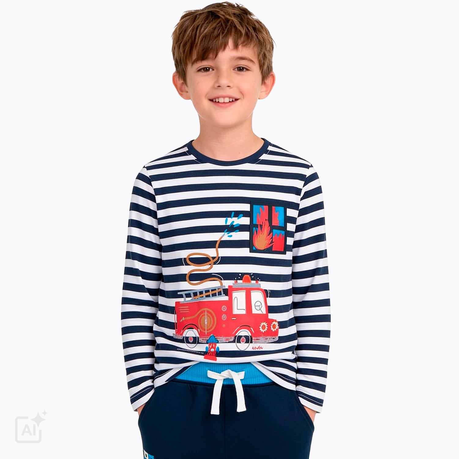 T-shirt z długim rękawem dla chłopca 2-6 lat, biały z wozem strażackim