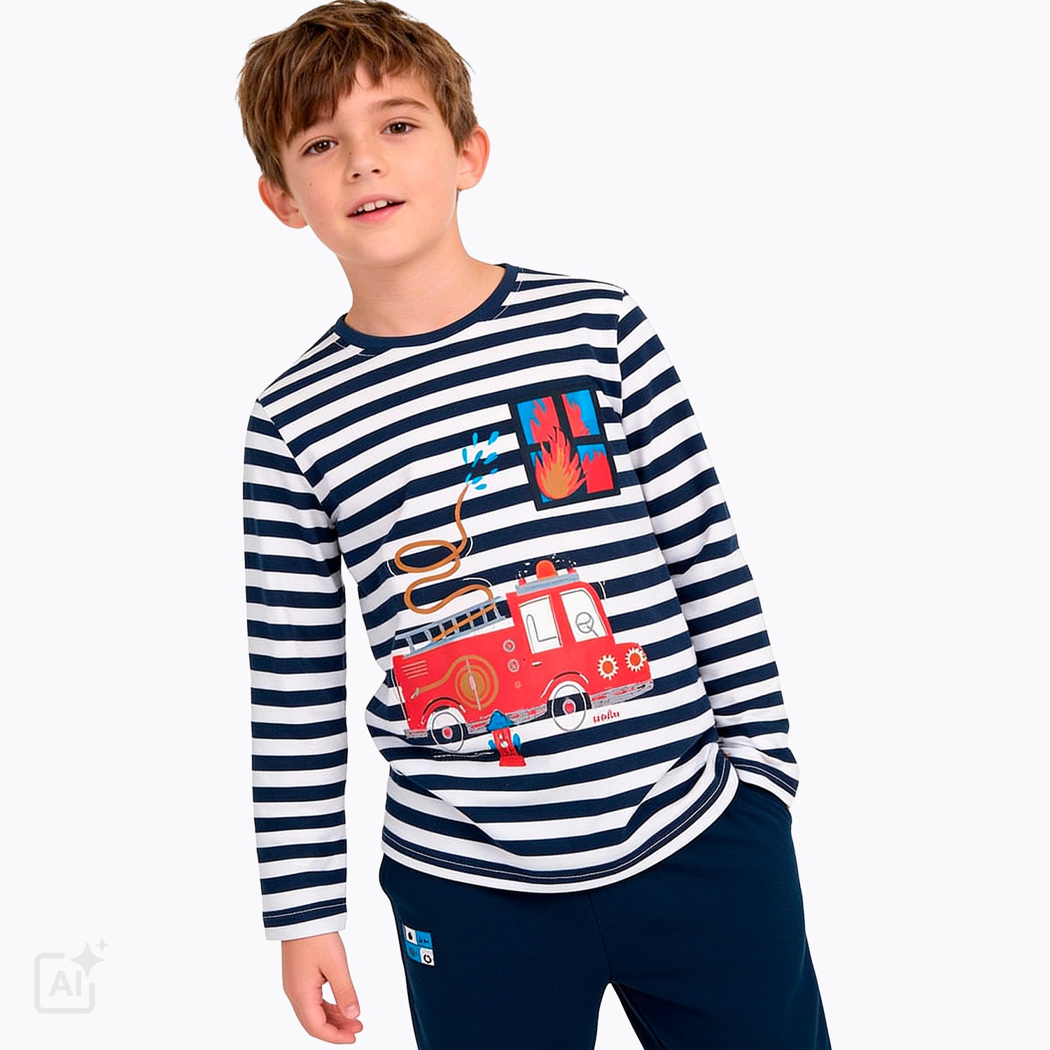 T-shirt z długim rękawem dla chłopca 2-6 lat, biały z wozem strażackim