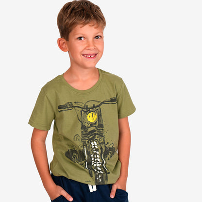 T-shirt z krótkim rękawem dla chłopca, z motocyklem, oliwkowy 9-13 lat