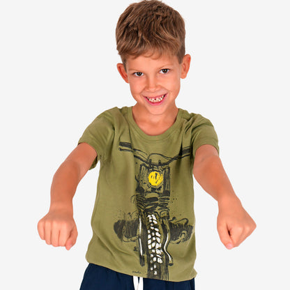 T-shirt z krótkim rękawem dla chłopca, z motocyklem, oliwkowy 9-13 lat