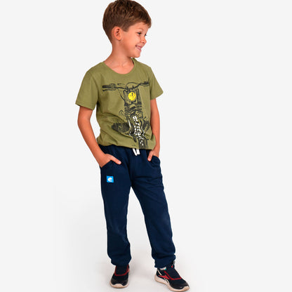 T-shirt z krótkim rękawem dla chłopca, z motocyklem, oliwkowy 9-13 lat
